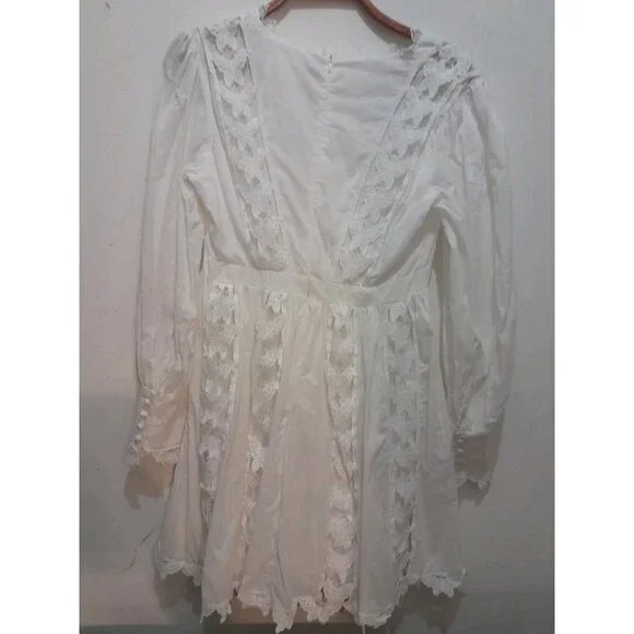 L'atiste By Amy Babydoll Mini Dress Lace Deep V Neckline Size Medium White - Picture 9 of 14